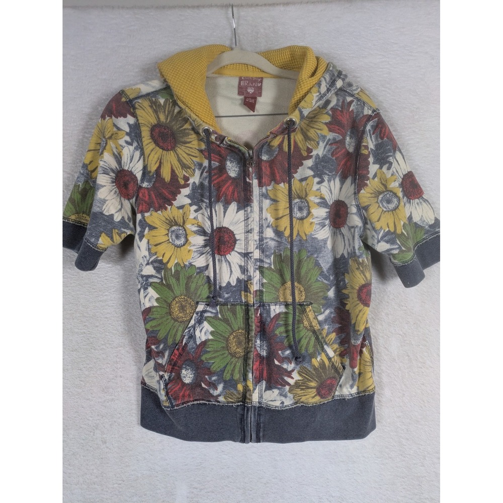 Lucky Brand Hoodie Women's L Gray Floral Sunflower Short Sleeve Full Zip Y2K